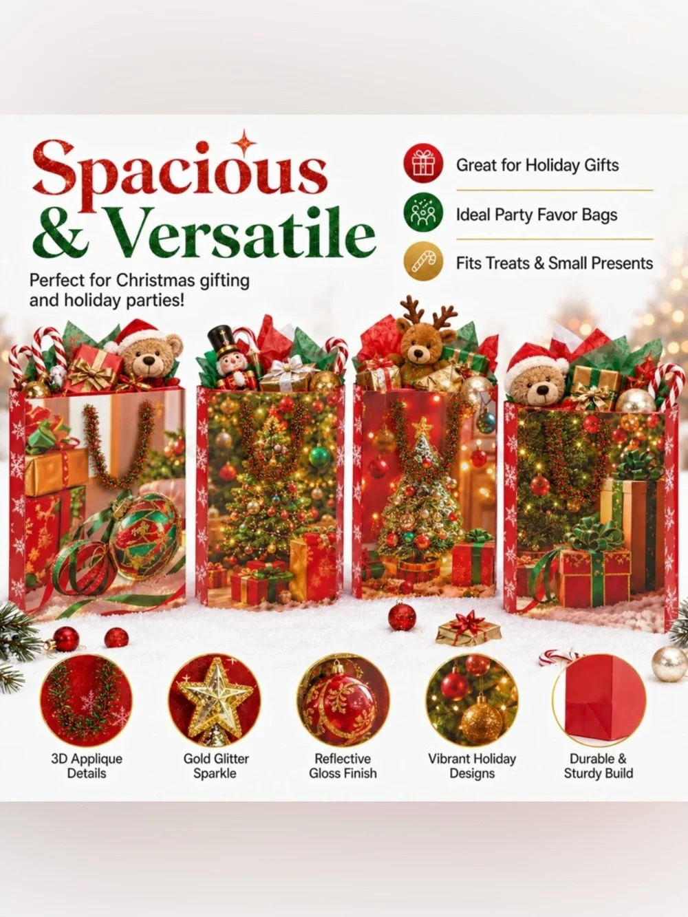 Festive Red Christmas Gift Bags with Raised 3D Appliqué
